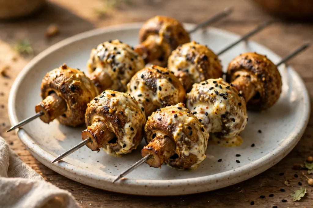 Achari mushroom skewers with a browned spiced yogurt coating.