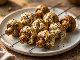 Achari mushroom skewers with a browned spiced yogurt coating.