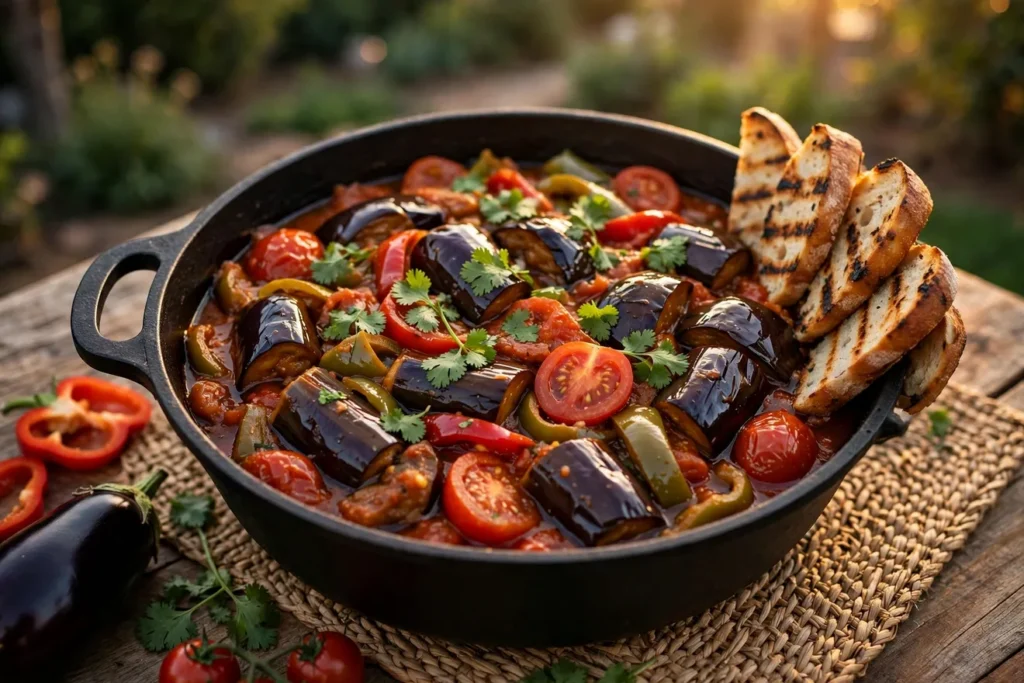 Adjapsandali-style grilled vegetable medley with eggplant, peppers, tomatoes, and herbs.