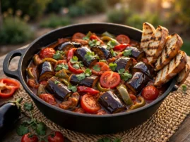 Adjapsandali-style grilled vegetable medley with eggplant, peppers, tomatoes, and herbs.