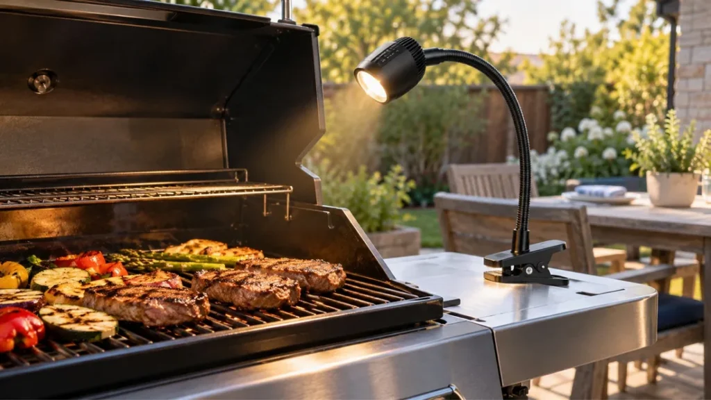 Gooseneck grill light clamped to a grill side shelf, shining on steaks and vegetables on the grate