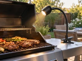 Gooseneck grill light clamped to a grill side shelf, shining on steaks and vegetables on the grate