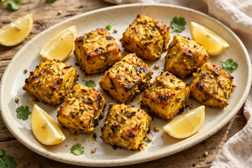 Ajwain fish tikka with browned edges and lemon wedges.