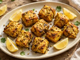 Ajwain fish tikka with browned edges and lemon wedges.