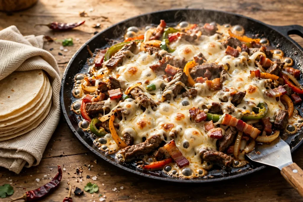 Alambre de res with beef, bacon, peppers, and melted cheese on a griddle.