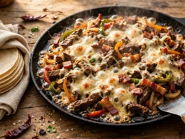 Alambre de res with beef, bacon, peppers, and melted cheese on a griddle.