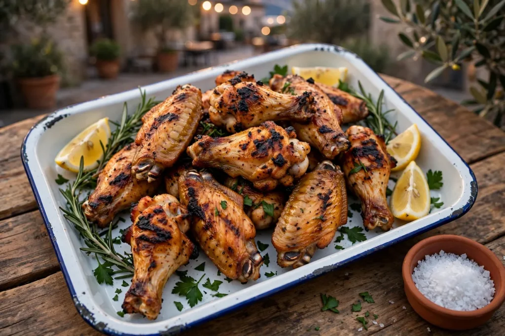 Ali di pollo, grilled lemon and herb chicken wings with rosemary and lemon.