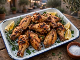 Ali di pollo, grilled lemon and herb chicken wings with rosemary and lemon.