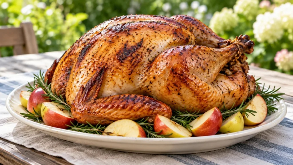 Apple cider–brined grilled turkey on a cream platter with apple wedges and rosemary.