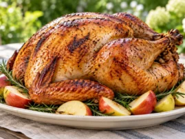 Apple cider–brined grilled turkey on a cream platter with apple wedges and rosemary.