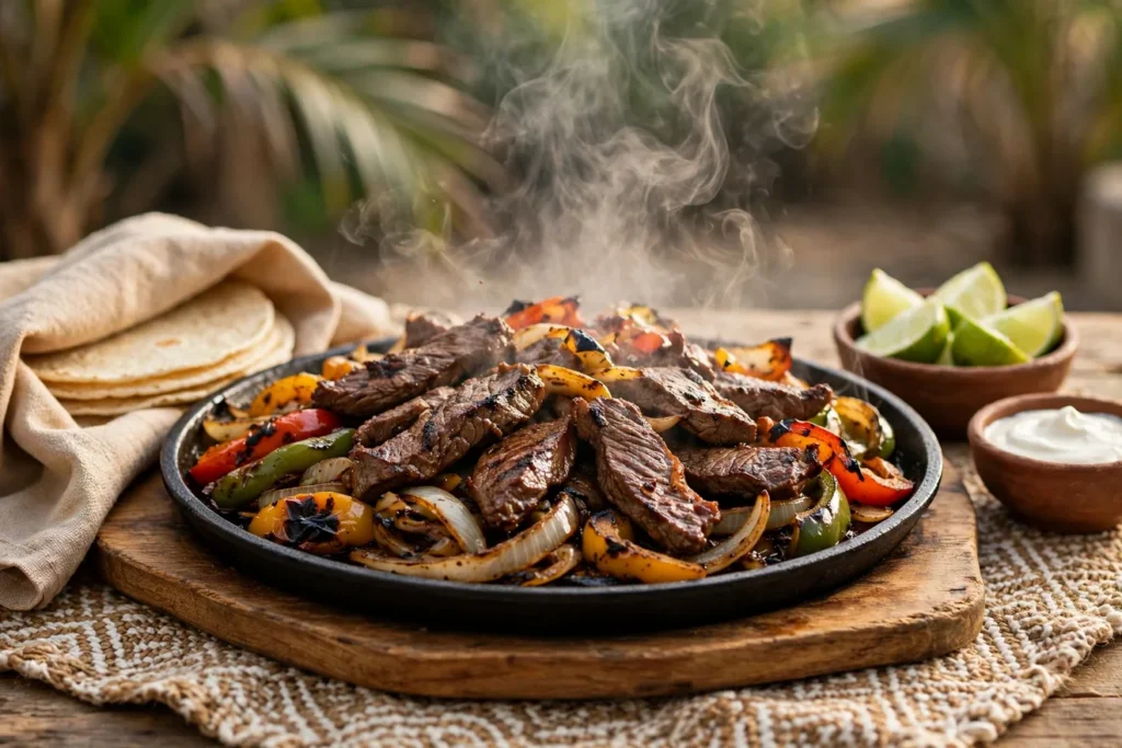 Arrachera beef fajitas with charred peppers and onions on a cast-iron platter.