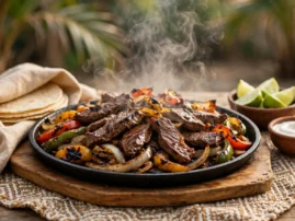 Arrachera beef fajitas with charred peppers and onions on a cast-iron platter.