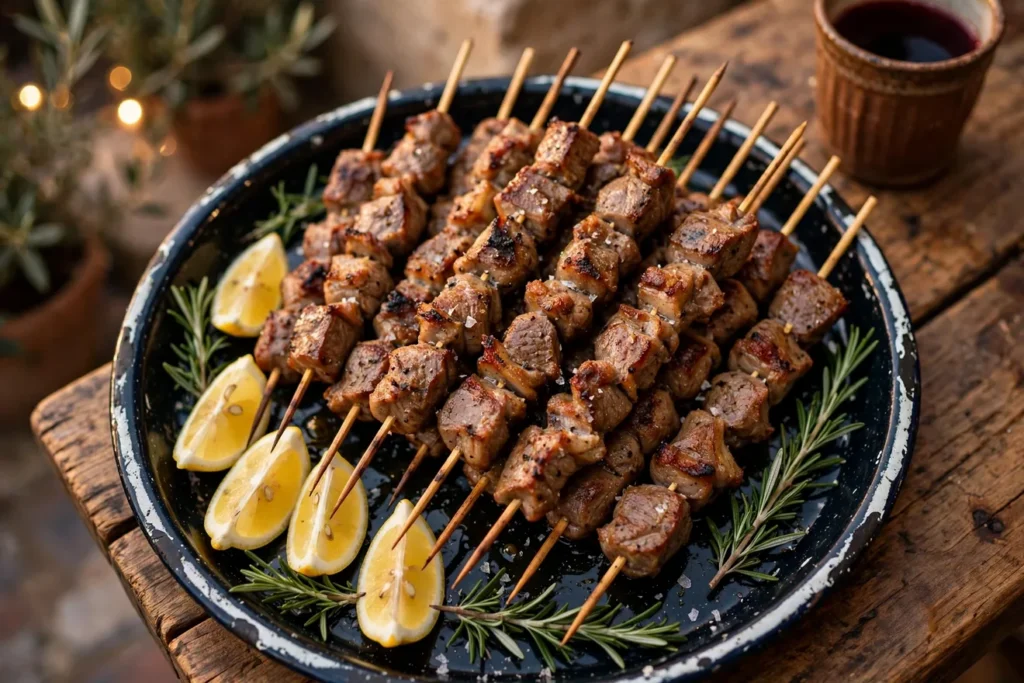 Arrosticini, small Abruzzo lamb skewers, crisp-edged with rosemary and lemon.