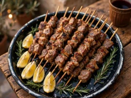 Arrosticini, small Abruzzo lamb skewers, crisp-edged with rosemary and lemon.