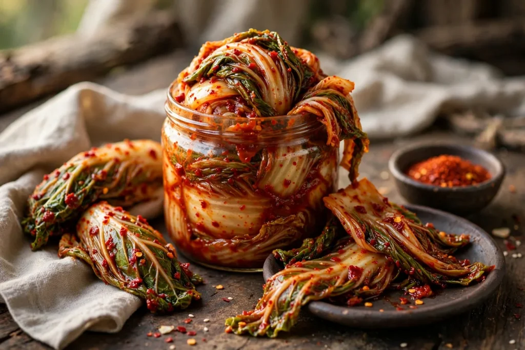 Baechu kimchi, napa cabbage kimchi, packed in a glass jar.