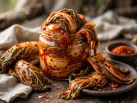 Baechu kimchi, napa cabbage kimchi, packed in a glass jar.