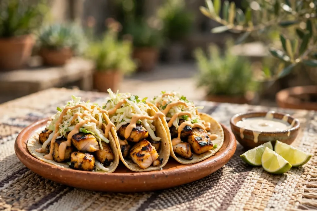 Baja fish tacos with grilled mahi mahi, cabbage slaw, and chipotle crema.