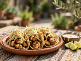 Baja fish tacos with grilled mahi mahi, cabbage slaw, and chipotle crema.
