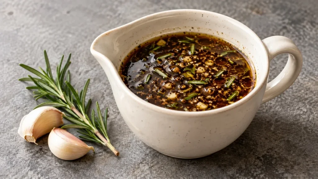Pitcher of balsamic rosemary marinade with a sprig of fresh rosemary and garlic cloves beside it