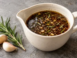 Pitcher of balsamic rosemary marinade with a sprig of fresh rosemary and garlic cloves beside it