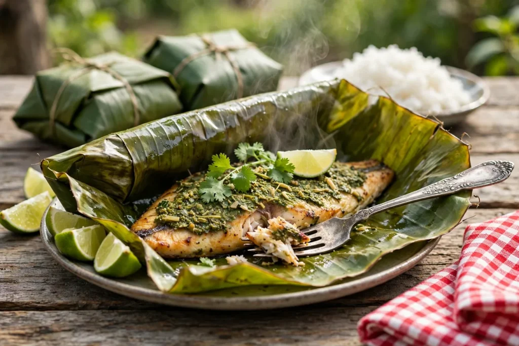 Banana-leaf grilled fish opened at the table with steam rising, a vintage silver serving fork flaking the fillet, lime wedges alongside.