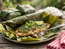 Banana-leaf grilled fish opened at the table with steam rising, a vintage silver serving fork flaking the fillet, lime wedges alongside.