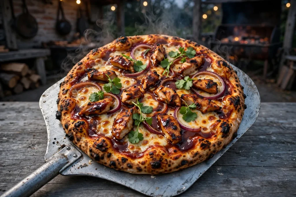 BBQ chicken pizza with smoked Gouda, red onion, and cilantro on a metal peel.