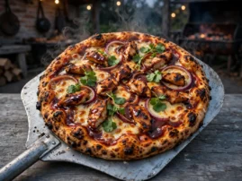 BBQ chicken pizza with smoked Gouda, red onion, and cilantro on a metal peel.