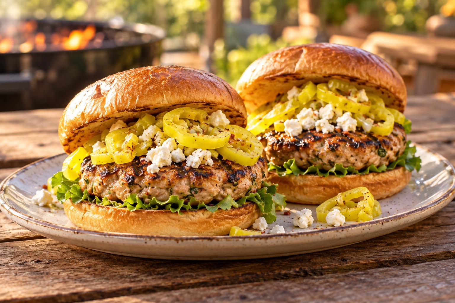 BBQ Feta and Hot Banana Pepper Turkey Burgers