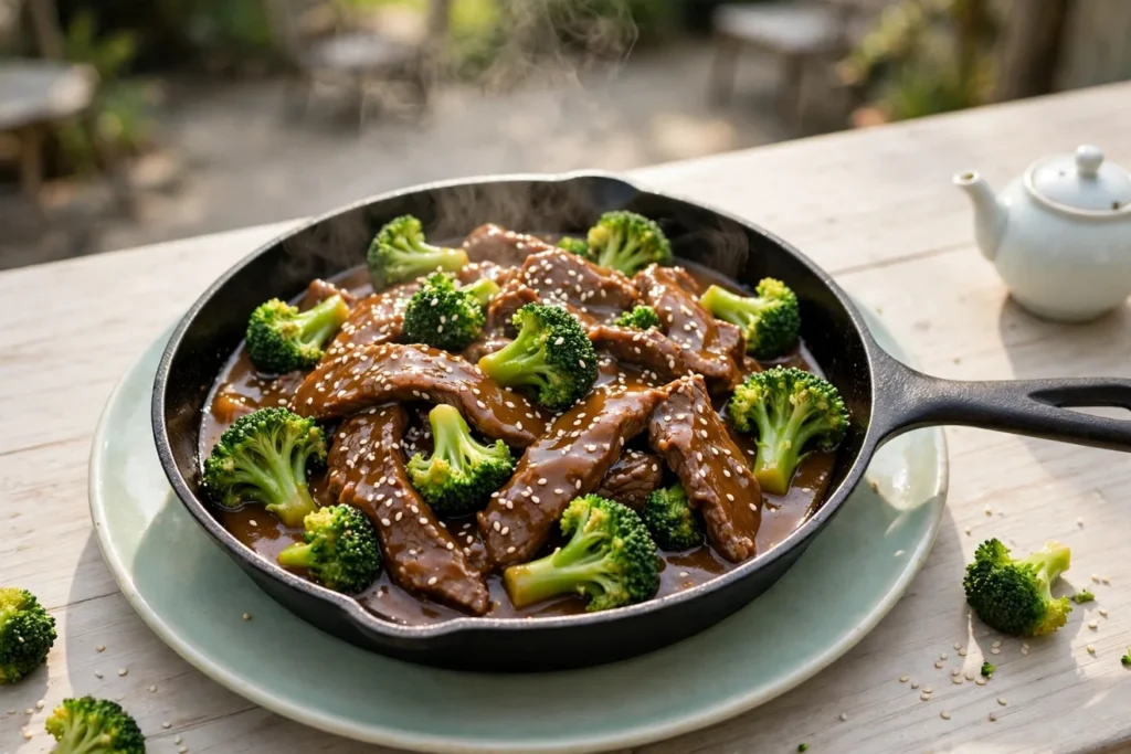 Beef and broccoli in cast iron with a glossy soy-oyster sauce.