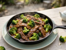 Beef and broccoli in cast iron with a glossy soy-oyster sauce.