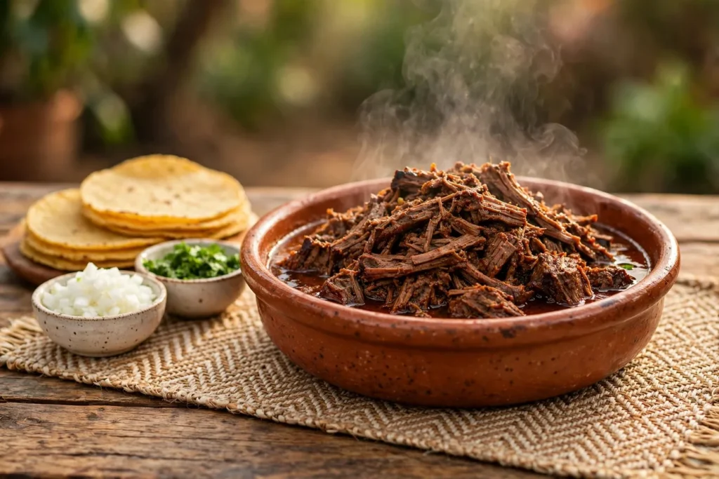 Beef barbacoa shredded in its chile braising juices.