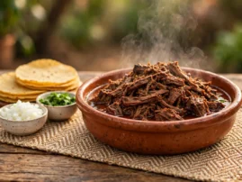 Beef barbacoa shredded in its chile braising juices.
