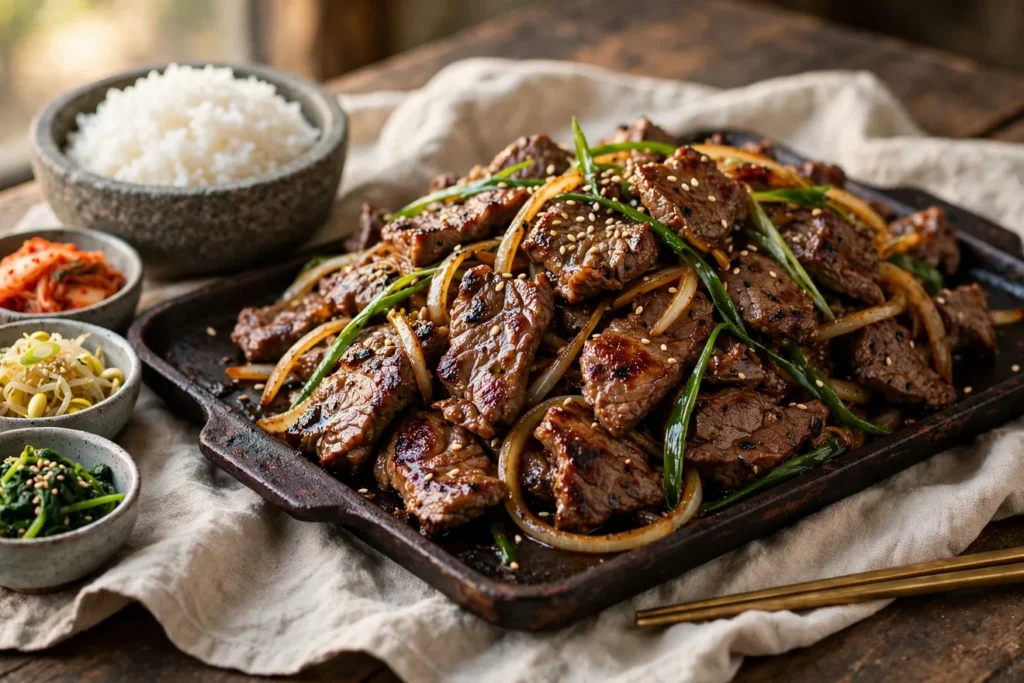 Beef bulgogi, Korean BBQ beef, seared on a griddle with onions and scallions.