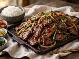 Beef bulgogi, Korean BBQ beef, seared on a griddle with onions and scallions.