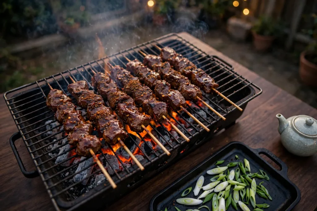 Beef chuan'r, Chinese beef skewers, grilled over charcoal with cumin.
