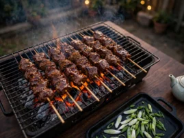Beef chuan'r, Chinese beef skewers, grilled over charcoal with cumin.