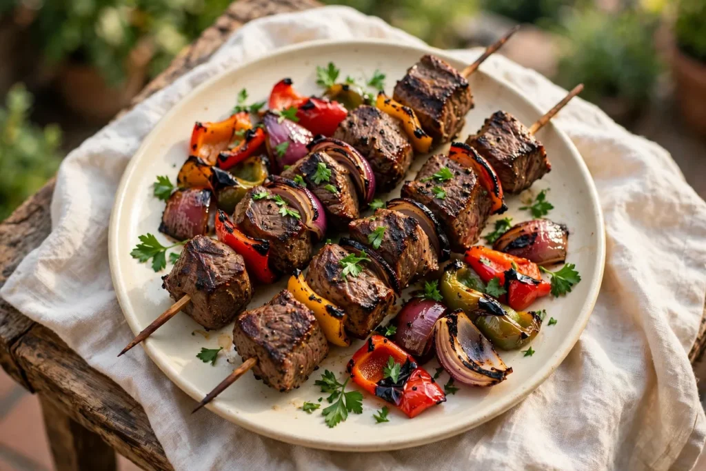 Beef shashlik skewers with charred edges, red onion, parsley, and peppers.