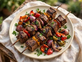 Beef shashlik skewers with charred edges, red onion, parsley, and peppers.