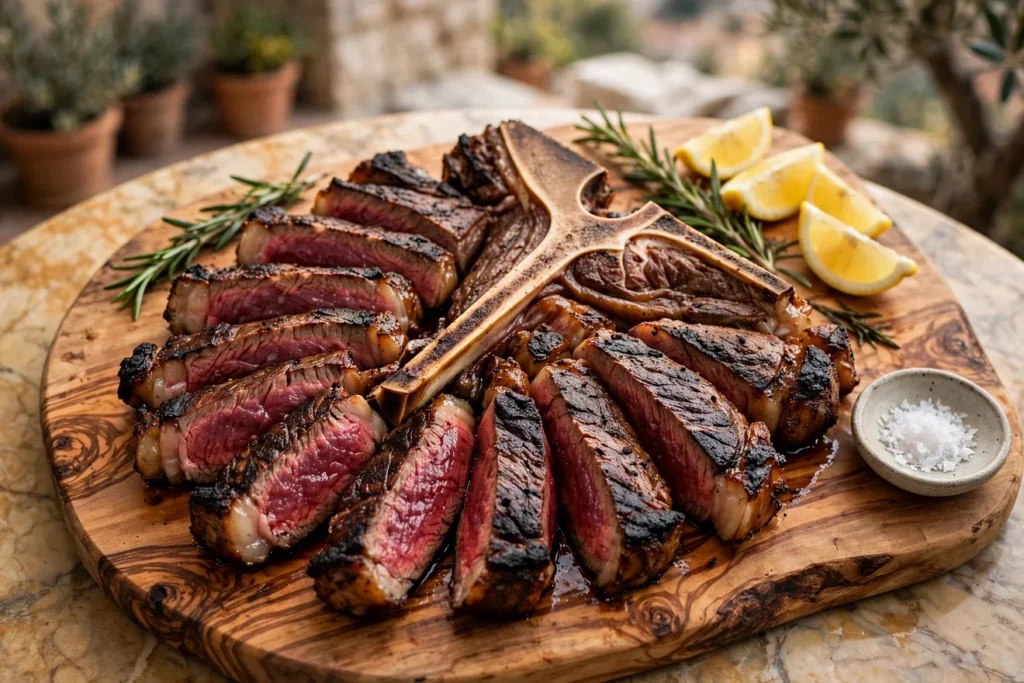 Bistecca alla Fiorentina, a thick grilled T-bone sliced with rosemary and lemon.