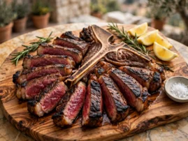 Bistecca alla Fiorentina, a thick grilled T-bone sliced with rosemary and lemon.