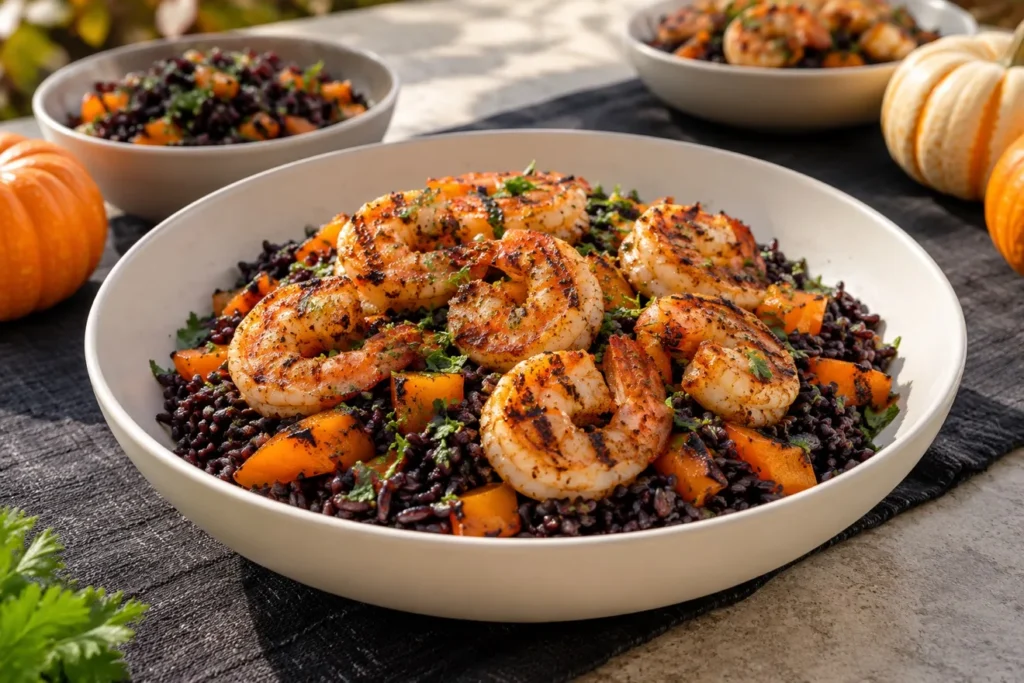 Grilled shrimp with black rice, orange bell peppers, and citrus dressing.