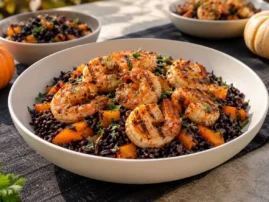 Grilled shrimp with black rice, orange bell peppers, and citrus dressing.