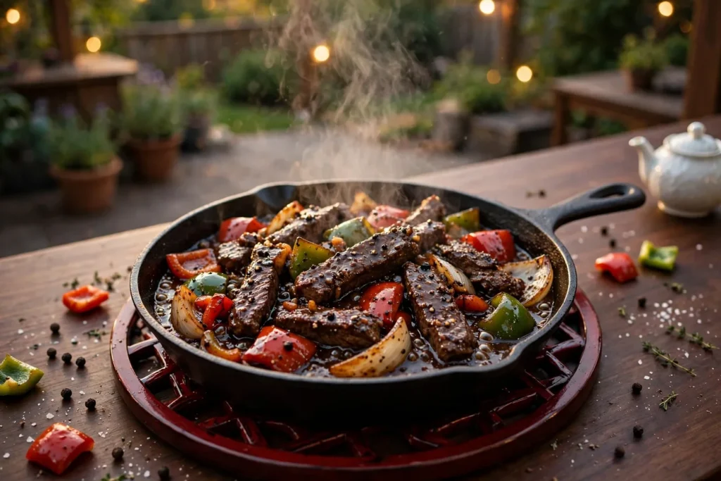 Black pepper beef in cast iron with bell peppers, onion, and a cracked-pepper sauce.