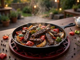 Black pepper beef in cast iron with bell peppers, onion, and a cracked-pepper sauce.