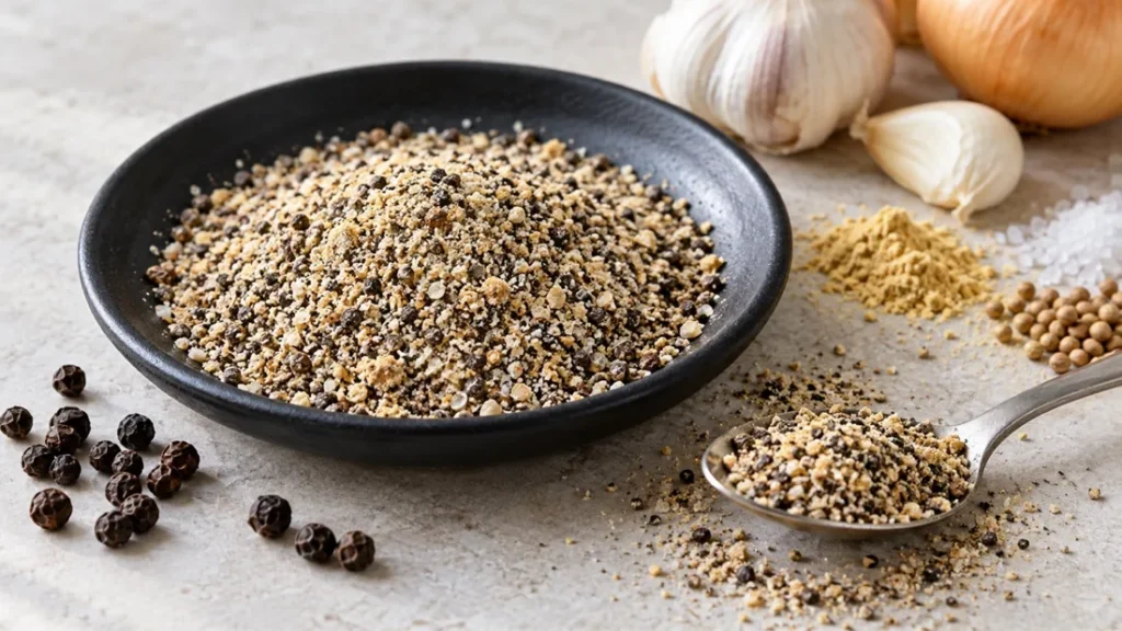 Black pepper steak rub in a black dish with whole peppercorns, garlic and onion