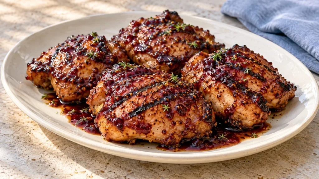 Glazed grilled chicken thighs with blackberry mustard sauce.