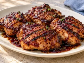 Glazed grilled chicken thighs with blackberry mustard sauce.