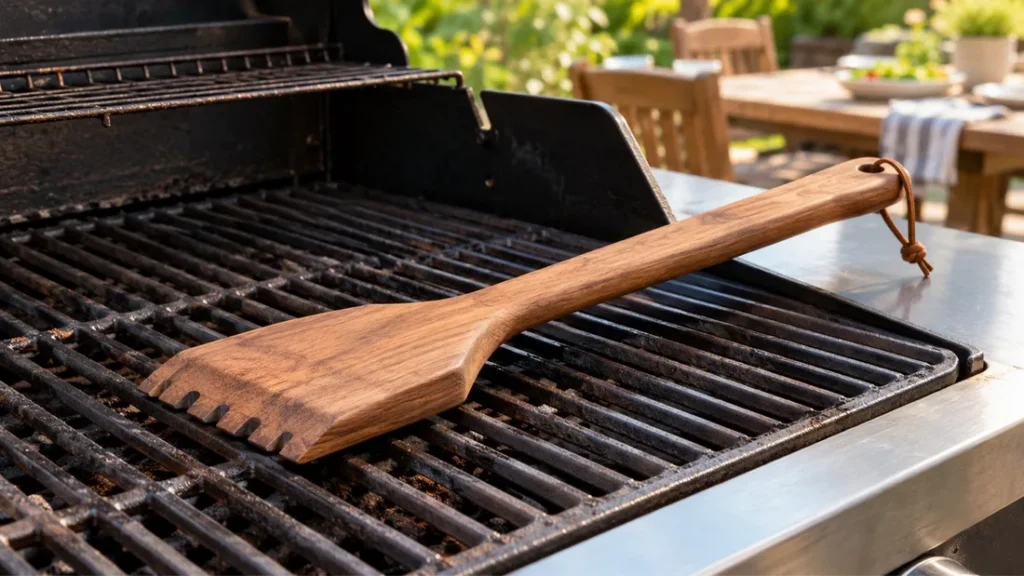 Wooden bristle-free grate scraper resting across dirty grill grates