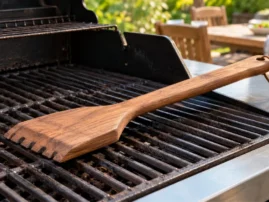 Wooden bristle-free grate scraper resting across dirty grill grates